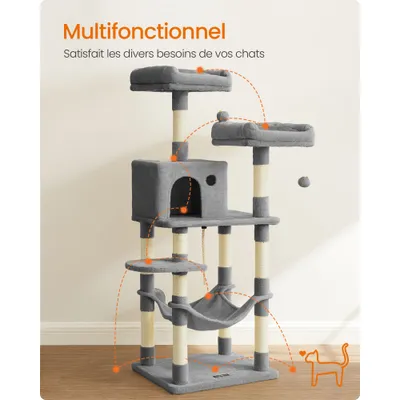 Arbre à Chat Hauteur 143 cm, en Tissu Peluche, Plusieurs Niveaux Arbre à Chat Hauteur 143 cm, en Tissu Peluche, Plusieurs Niveaux