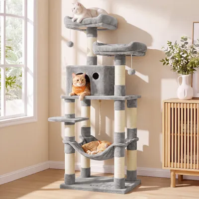 Arbre à Chat Hauteur 141,8 cm, en Tissu Peluche, Plusieurs Niveaux
