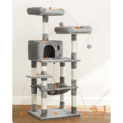 Arbre à Chat Hauteur 143 cm, en Tissu Peluche, Plusieurs Niveaux