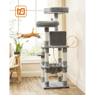 Arbre à Chat Hauteur 143 cm, en Tissu Peluche, Plusieurs Niveaux