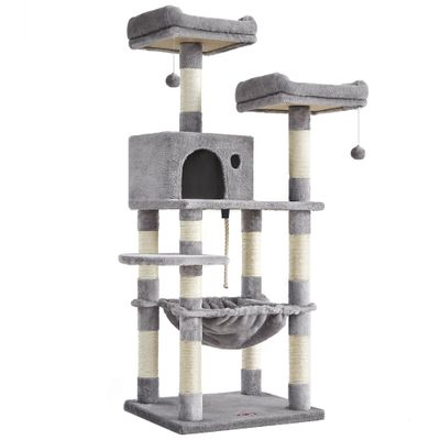 Arbre à Chat Hauteur 143 cm, en Tissu Peluche, Plusieurs Niveaux Gris clair
