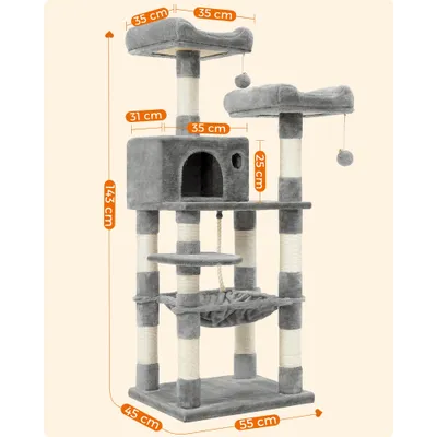 Arbre à Chat Hauteur 143 cm, en Tissu Peluche, Plusieurs Niveaux