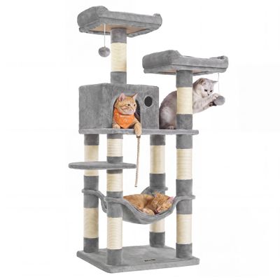Arbre à Chat Hauteur 143 cm, en Tissu Peluche, Plusieurs Niveaux