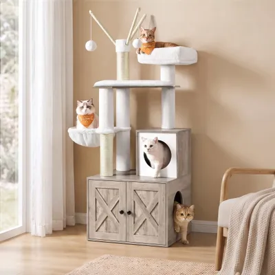 Feandrea Arbre à Chat avec Maison de Toilettes, Griffoir Moderne 2-en-1