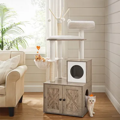 Feandrea Arbre à Chat avec Maison de Toilettes, Griffoir Moderne 2-en-1