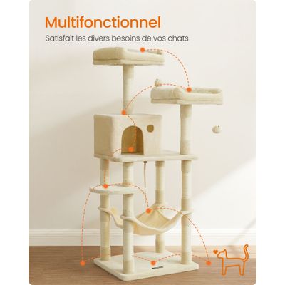 Arbre à Chat Hauteur 143 cm, en Tissu Peluche, Plusieurs Niveaux