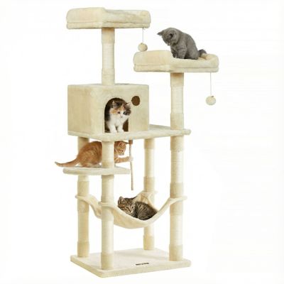 Arbre à Chat Hauteur 143 cm, en Tissu Peluche, Plusieurs Niveaux