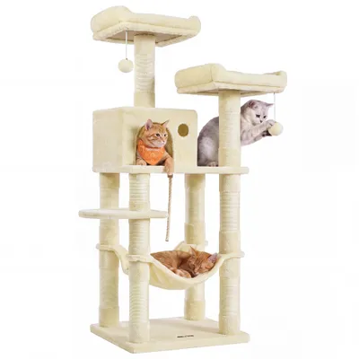 Arbre à Chat Hauteur 141,8 cm, en Tissu Peluche, Plusieurs Niveaux