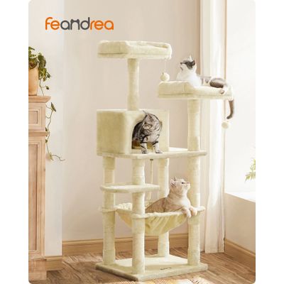 Arbre à Chat Hauteur 143 cm, en Tissu Peluche, Plusieurs Niveaux