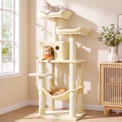 Arbre à Chat Hauteur 141,8 cm, en Tissu Peluche, Plusieurs Niveaux