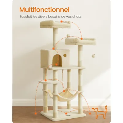 Arbre à Chat Hauteur 141,8 cm, en Tissu Peluche, Plusieurs Niveaux