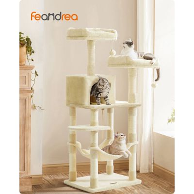 Arbre à Chat Hauteur 143 cm, en Tissu Peluche, Plusieurs Niveaux