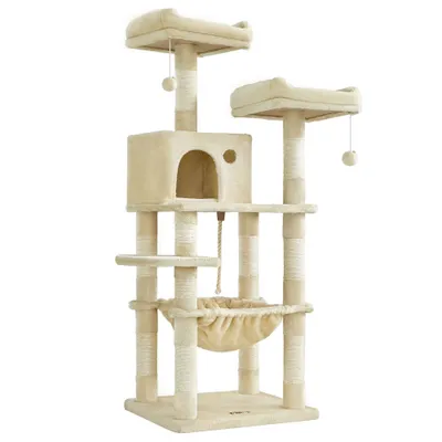 Arbre à Chat Hauteur 143 cm, en Tissu Peluche, Plusieurs Niveaux