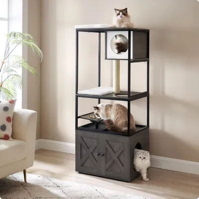 Feandrea Arbre à Chat avec Cache-litière, Poteau à Griffer, Tapis Lavable