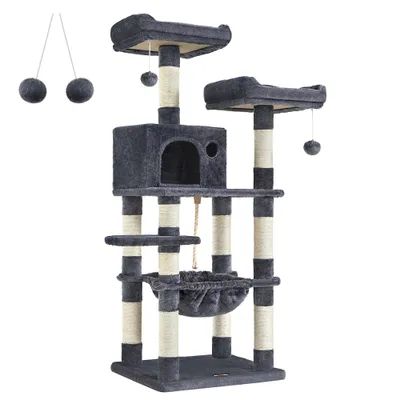 Arbre à Chat Hauteur 143 cm, en Tissu Peluche, Plusieurs Niveaux