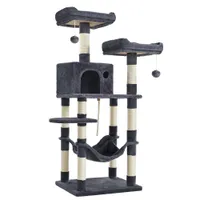 Arbre à Chat Hauteur 143 cm, en Tissu Peluche, Plusieurs Niveaux