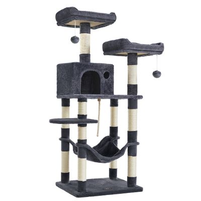 Arbre à Chat Hauteur 143 cm, en Tissu Peluche, Plusieurs Niveaux Gris fumé