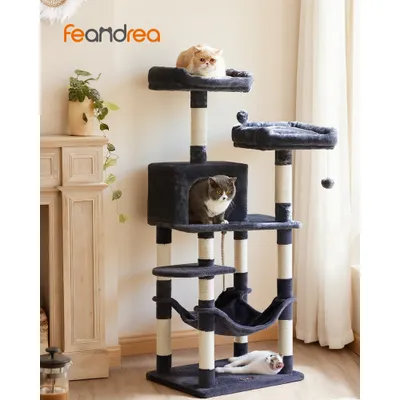 Arbre à Chat Hauteur 141,8 cm, en Tissu Peluche, Plusieurs Niveaux