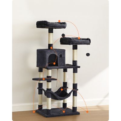 Arbre à Chat Hauteur 143 cm, en Tissu Peluche, Plusieurs Niveaux