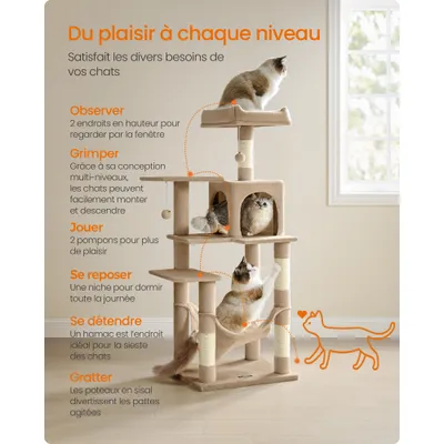 Feandrea Arbre à Chat Hauteur 137,7 cm, 4 Poteaux à Griffer, 2 Plateformes