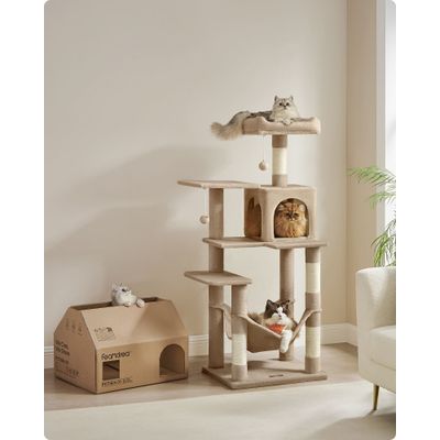 Feandrea Arbre à Chat Hauteur 143 cm, 4 Poteaux à Griffer, 2 Plateformes