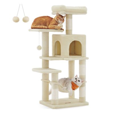 Feandrea Arbre à Chat Hauteur 112 cm, 4 Poteaux à Griffer, 2 Plateformes 45 x 35 x 112 cm (L x l x H), Beige