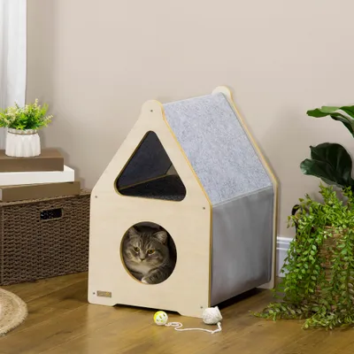PawHut - niche pour chat design maisonnette H.60 cm - bois clair