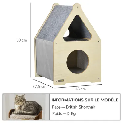 PawHut - niche pour chat design maisonnette H.60 cm - bois clair