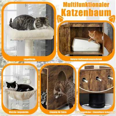 Kratzbaum Katzenhaus mit Katzenklo-Schrank, 2-in-1 Katzenbaum 125 cm hoch