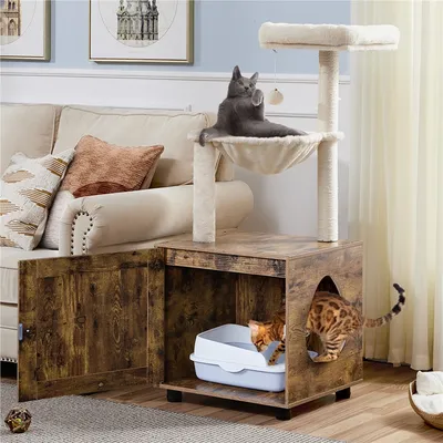 Kratzbaum Katzenhaus mit Katzenklo-Schrank, 2-in-1 Katzenbaum 125 cm hoch