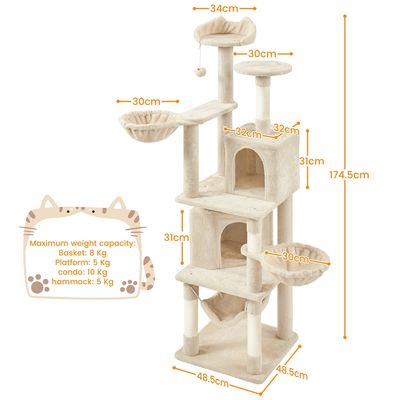 Arbre à Chat Géant Hauteur 175 Cm 2 Plateformes Perchoirs 2 Paniers