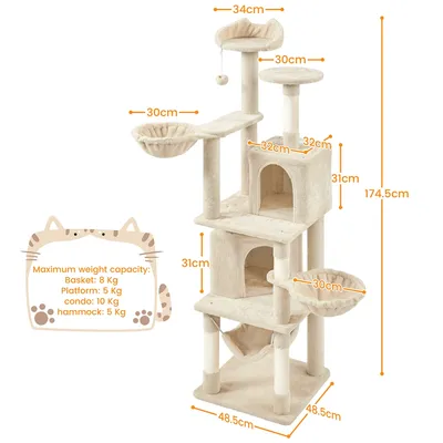 Arbre à Chat Géant Hauteur 175 Cm 2 Plateformes Perchoirs 2 Paniers