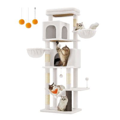 Feandrea Arbre à Chat, Grand, avec 2 Niches, 2 Paniers, 5 Griffoirs 57 x 45 x 175 cm (L x l x H), Blanc Crème