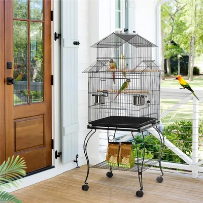 Cage à Oiseaux à Trois Toits En Métal Avec Support Amovible