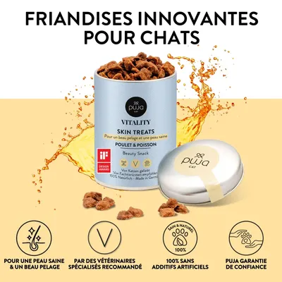 PUJA 3x Friandises pour chat pour une peau saine et un pelage brillant