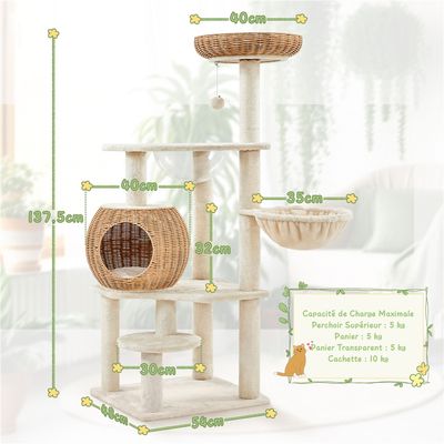 Arbre à Chat En Rotin Avec Cachette Ronde Perchoir Paniers Griffoir