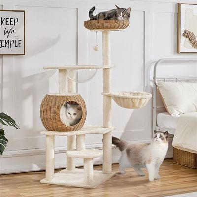 Arbre à Chat En Rotin Avec Cachette Ronde Perchoir Paniers Griffoir