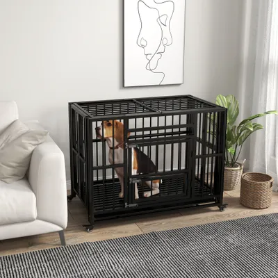 PawHut - cage d'intérieur pliable 3 portes pour chien sur roulettes - noir
