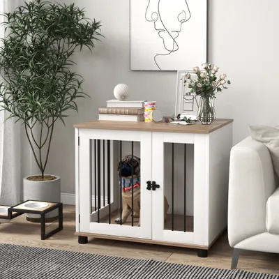 PawHut - cage d'intérieur 1 porte pour chien en bois - blanc naturel PawHut - cage d'intérieur 1 porte pour chien en bois - blanc naturel