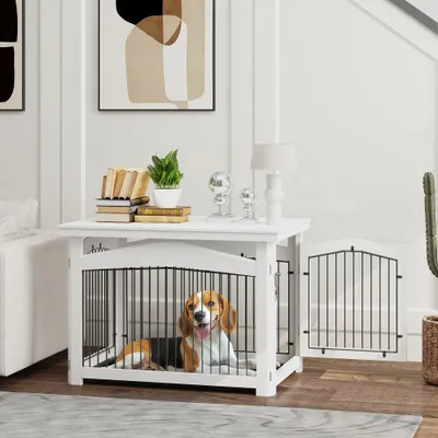 PawHut - cage barrière chien table basse d'appoint 3 en 1 - blanc PawHut - cage barrière chien table basse d'appoint 3 en 1 - blanc