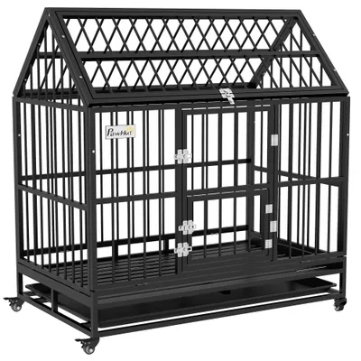 PawHut - grande cage d'intérieur 2 portes pour chien sur roulettes - noir PawHut - grande cage d'intérieur 2 portes pour chien sur roulettes - noir