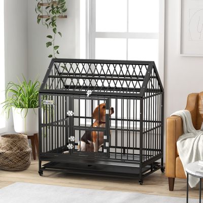 PawHut - grande cage d'intérieur 2 portes pour chien sur roulettes - noir