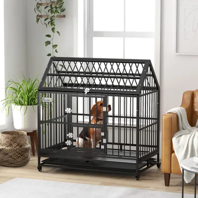 PawHut - grande cage d'intérieur 2 portes pour chien sur roulettes - noir PawHut - grande cage d'intérieur 2 portes pour chien sur roulettes - noir