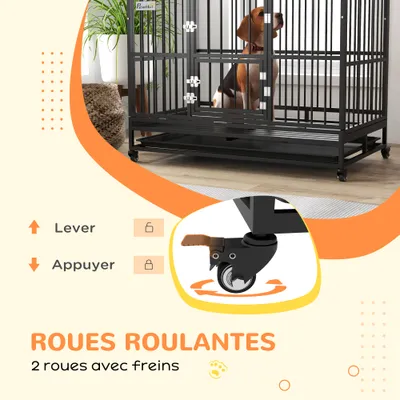 PawHut - grande cage d'intérieur 2 portes pour chien sur roulettes - noir PawHut - grande cage d'intérieur 2 portes pour chien sur roulettes - noir