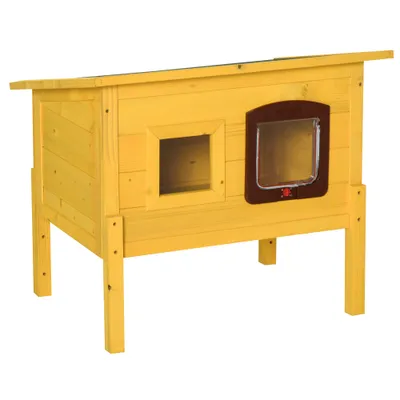 PawHut - Maison niche chat sur pieds toit ouvrant porte fenêtre bois
