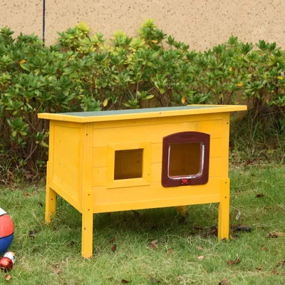 PawHut - Maison niche chat sur pieds toit ouvrant porte fenêtre bois