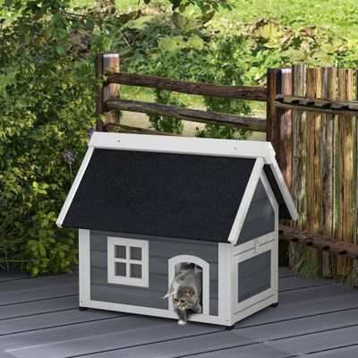 PawHut - Niche maison chat porte lamelles fenêtre toit ouvrant bois