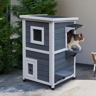 PawHut - Maisonnette chat sur pieds 2 niv. toit ouvrant bitumé bois