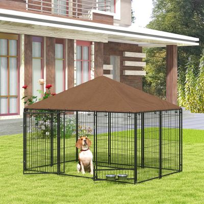 PawHut - Chenil couvert chien supports gamelles rotatifs porte verrou