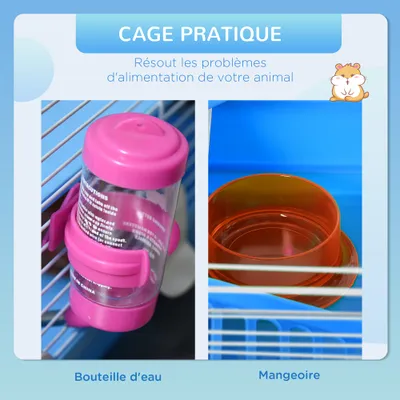 PawHut - Cage Hamster 2 Niveaux Multi-Équipement H.37 cm - Bleu